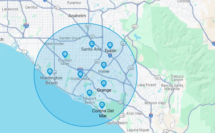 Map of Prostar Appliance Service's service area in Central Orange County, CA